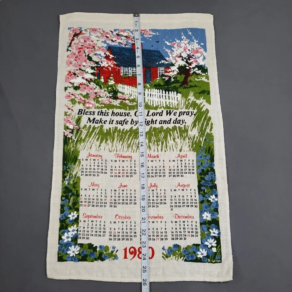 Vintage Linen Calendar Kitchen Towel Bless This House Cottage Floral Trees 1980